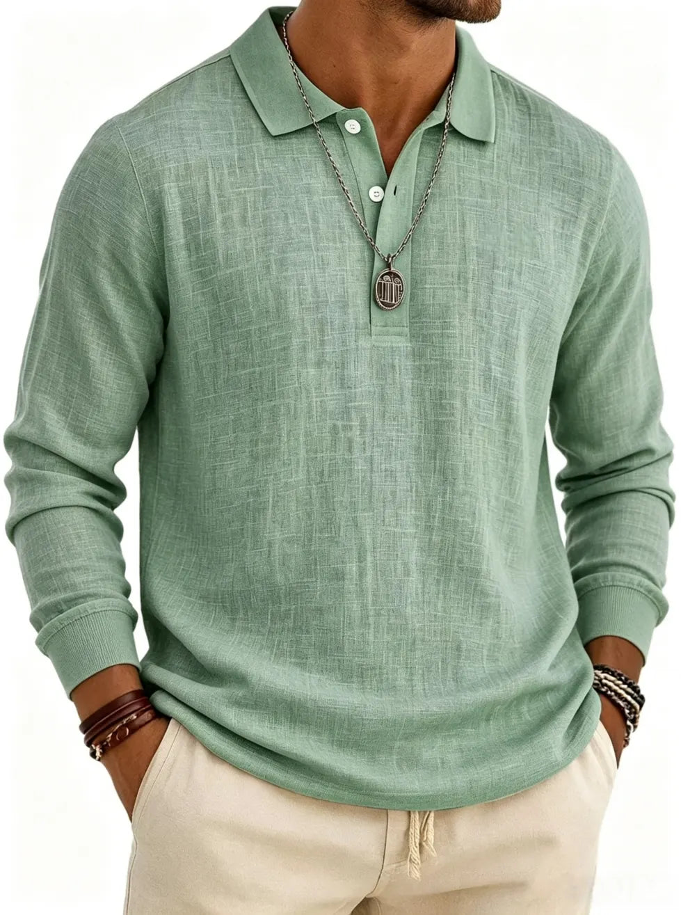 Men's Long Sleeve Cotton Linen Casual Polo Shirt