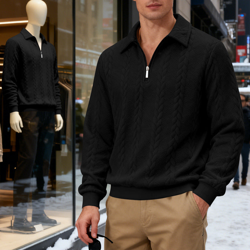 Men's Casual Sweatshirt, Jacquard Collar Long Sleeve Polo Shirt, Loose Fit