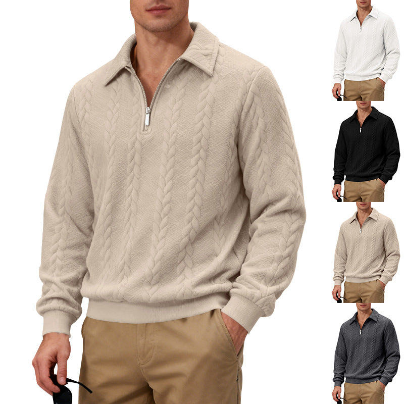 Men's Casual Sweatshirt, Jacquard Collar Long Sleeve Polo Shirt, Loose Fit