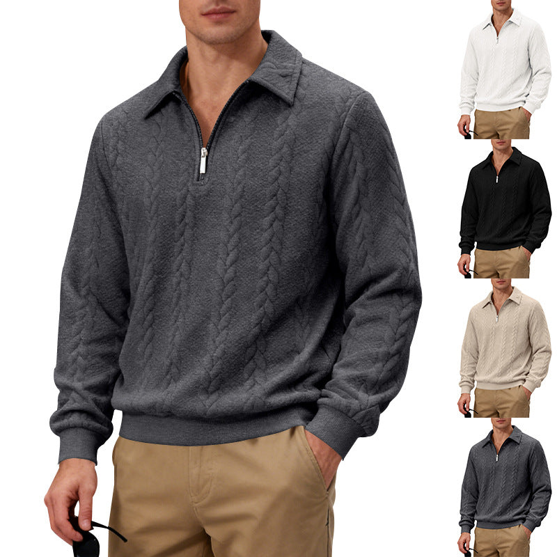 Men's Casual Sweatshirt, Jacquard Collar Long Sleeve Polo Shirt, Loose Fit