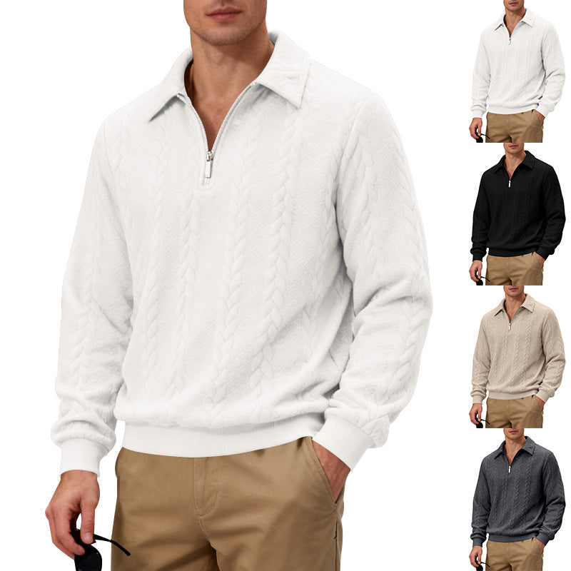 Men's Casual Sweatshirt, Jacquard Collar Long Sleeve Polo Shirt, Loose Fit