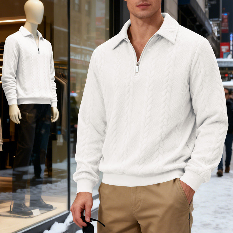 Men's Casual Sweatshirt, Jacquard Collar Long Sleeve Polo Shirt, Loose Fit