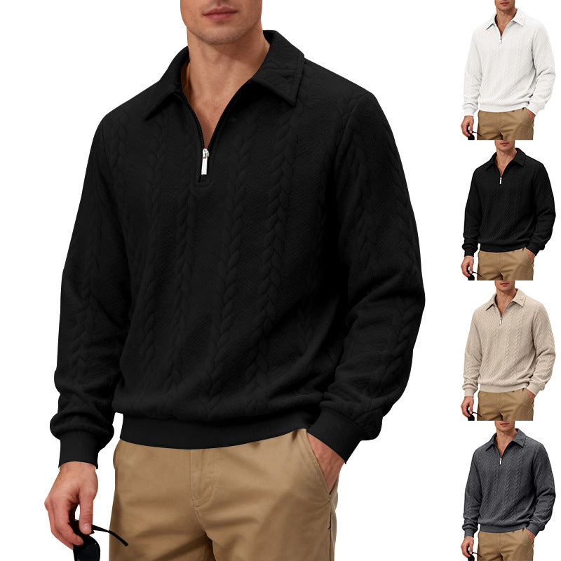 Men's Casual Sweatshirt, Jacquard Collar Long Sleeve Polo Shirt, Loose Fit