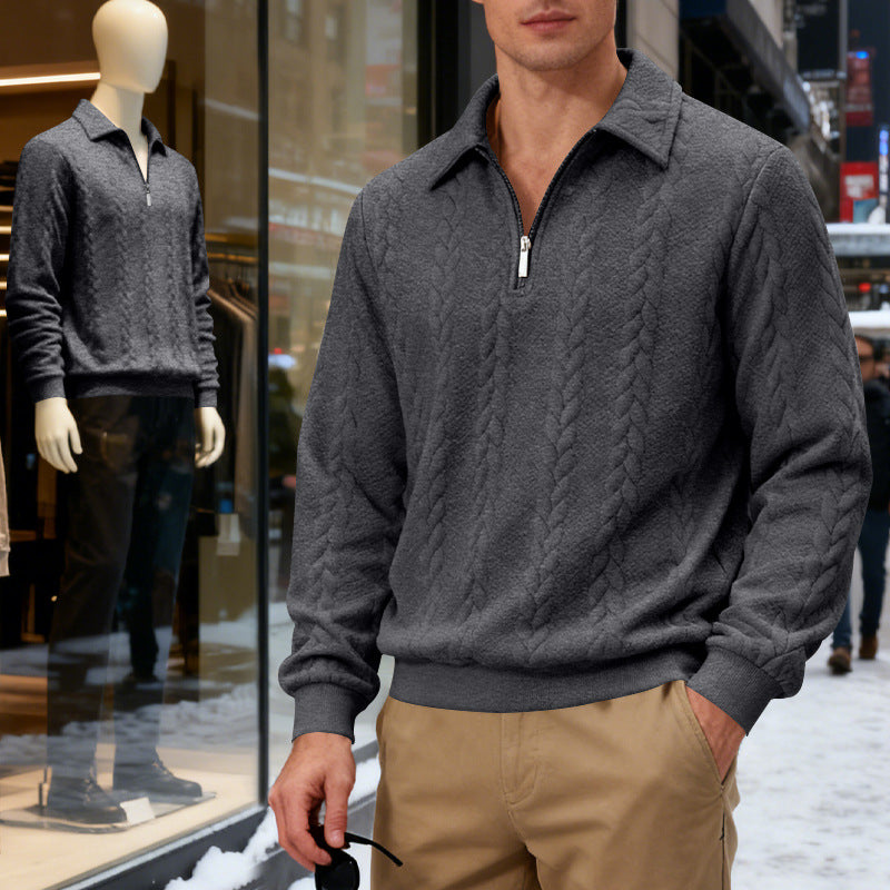 Men's Casual Sweatshirt, Jacquard Collar Long Sleeve Polo Shirt, Loose Fit