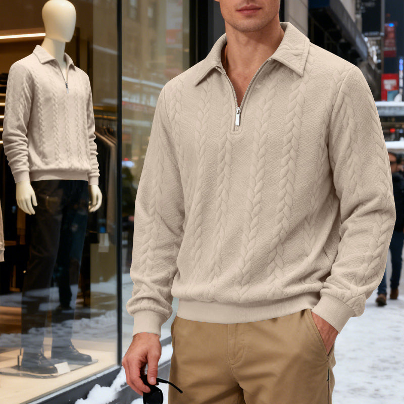 Men's Casual Sweatshirt, Jacquard Collar Long Sleeve Polo Shirt, Loose Fit